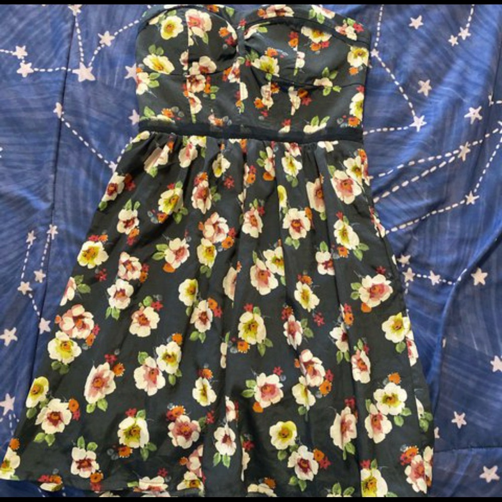 Black strapless dress with floral pattern